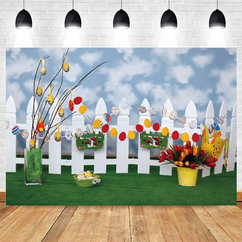

Spring Easter Backdrop Eggs Flowers Fence Grassland Photography Background Party Decoration Kids Newborn Portrait Photo Booth