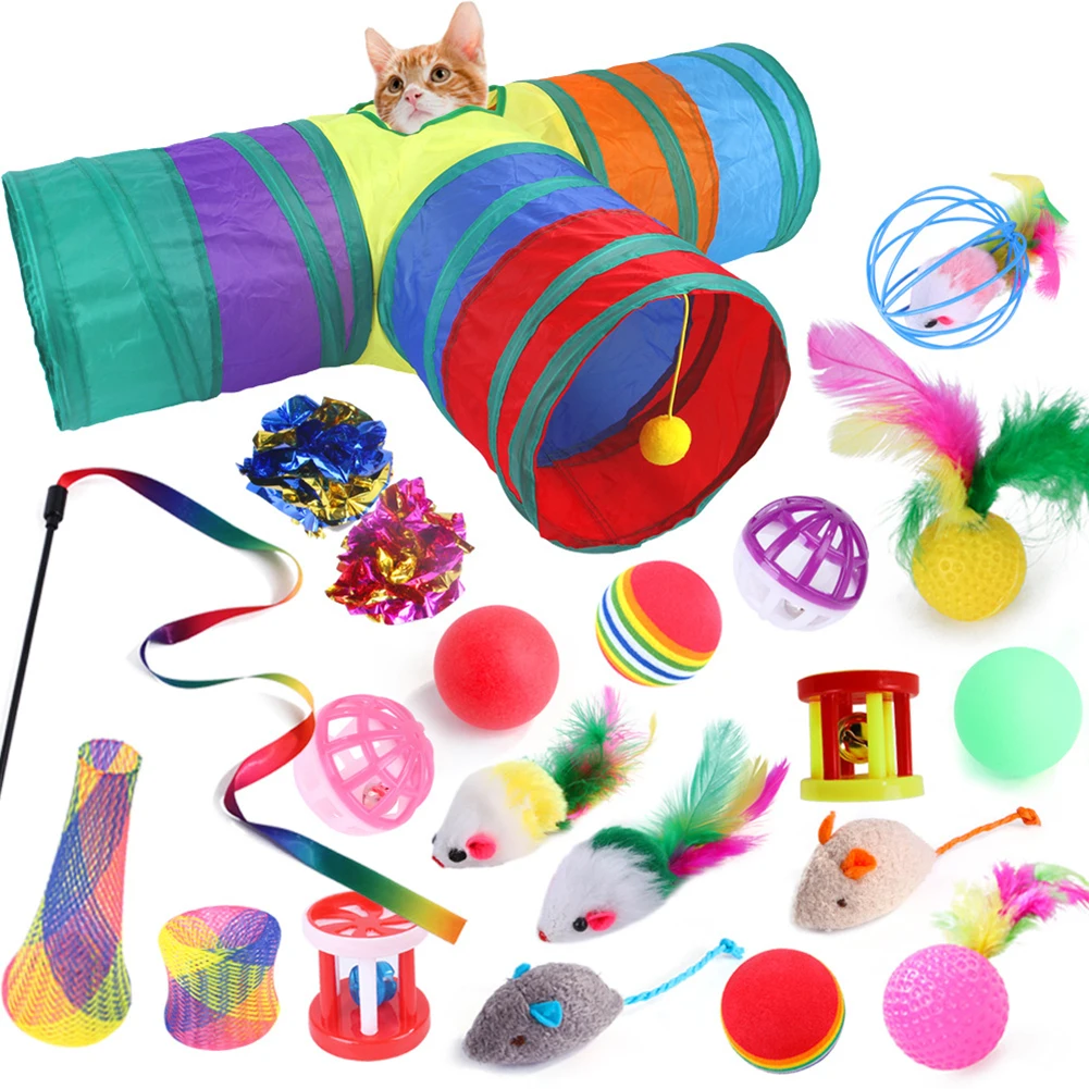 

Набор радужных забавных палочек для кошек, туннель, пещера, накладная мышь, игрушка с перьями, складной прорезыватель, товары для домашних ж...