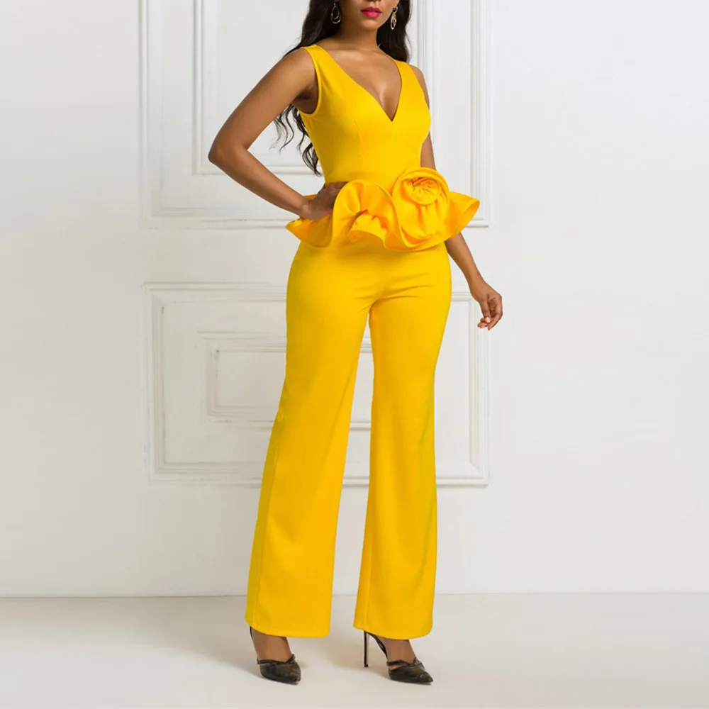 African Fashion Women Jumpsuit Plus Size S-2XL Solid Yellow Ruffles Party Long Jumpsuits Elegant Office Ladies Playsuit Rompers |