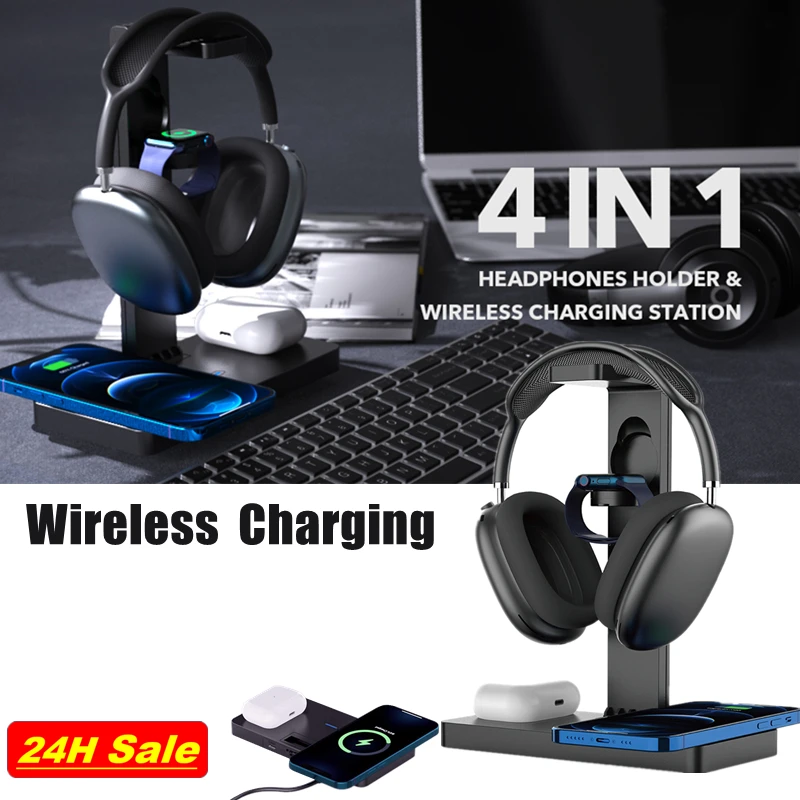 

4 в 1 Подставка для наушников с функцией беспроводной зарядки для Iphone 12 11 Pro Max, кронштейн для игровой гарнитуры, настольная подставка для дисплея