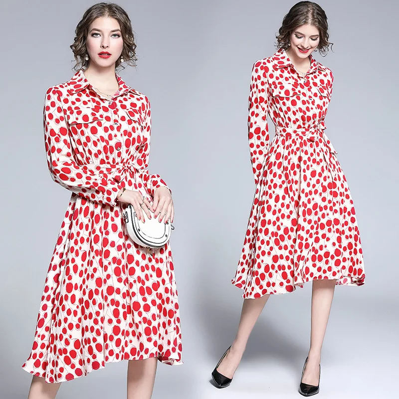 Женское платье с рисунком в горошек повседневное милое до щиколотки белым фоном