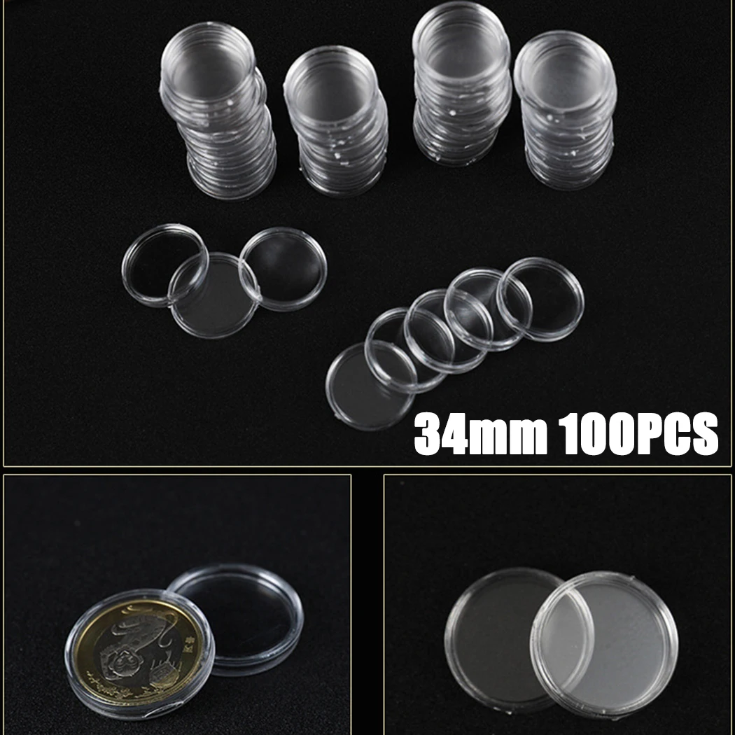 

100*Round Box 34mm Coin Cases Capsules Holder Applied Clear Plastic Round Storage Boxes High Quality