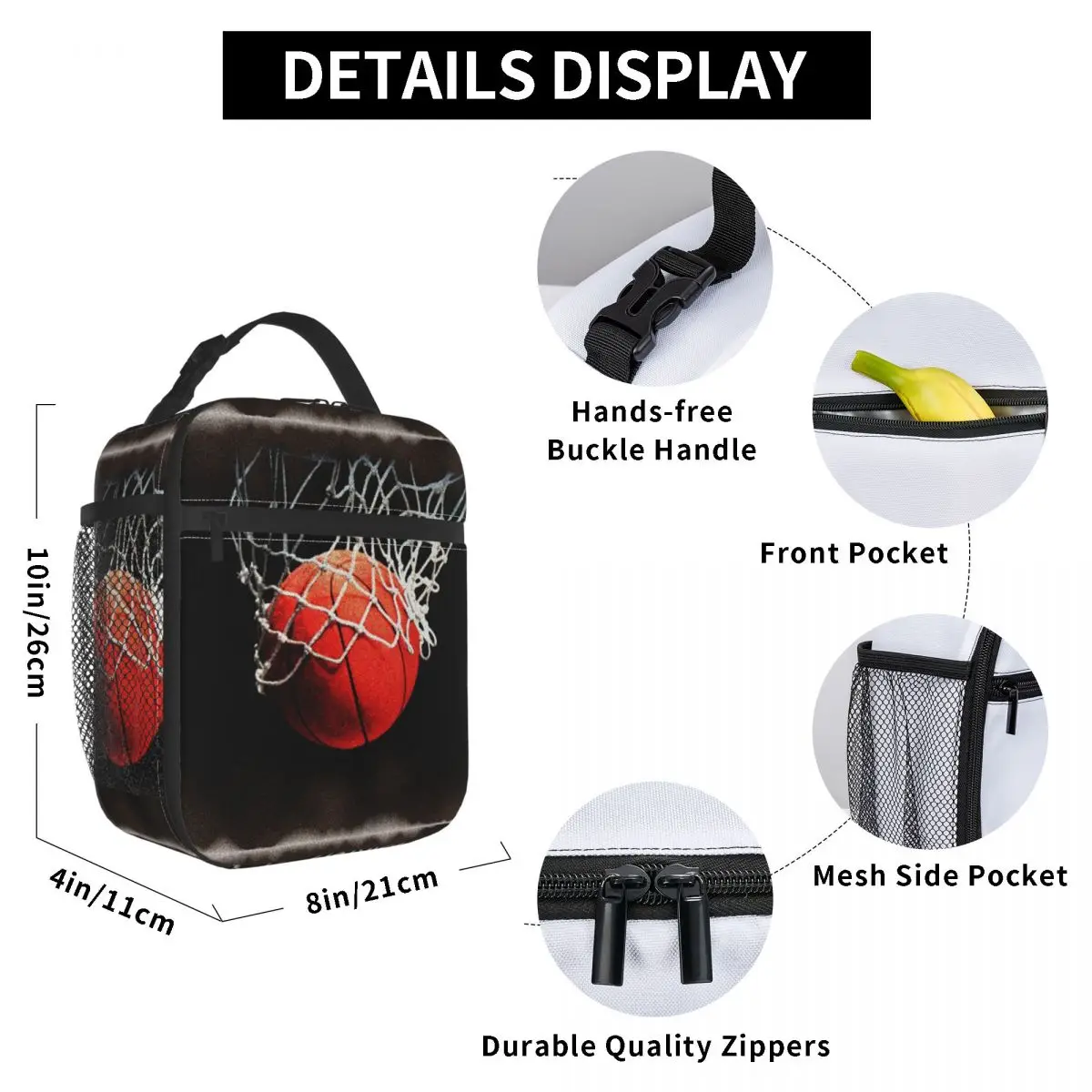 

Basketball Sports Art Lunch Bag for Women Men Large Insulated Lunch Box with Water Bottle Holder and Pockets