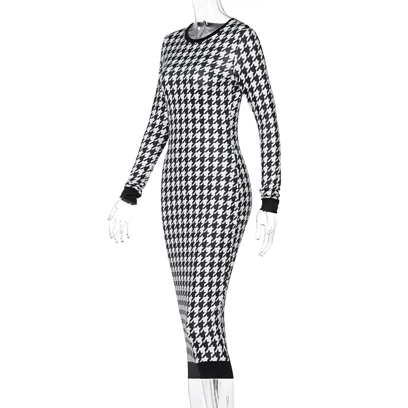 

2021 new Women Long Sleeve Midi Dress Houndstooth Print Long sleeve O-neck Sexy Bodycon dress Autumn Winter Fashion robe femme