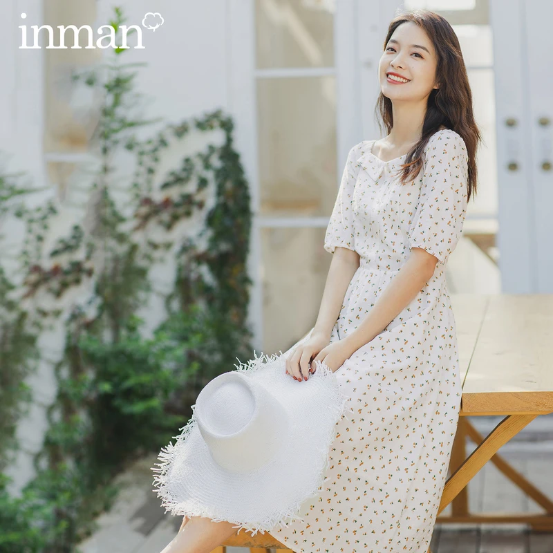 INMAN Summer Elegant White Vintage One Piece Square Collar Reveal Clavicle Shivering Nipped Waist Short Sleeve Floral Dress | Женская