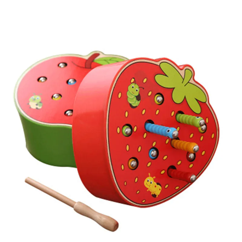 

Baby Toys Wooden 3D Puzzle Early Childhood Educational Toys Montessori Magnetic Strawberry Apple Catch Worm Game Color Cognitive