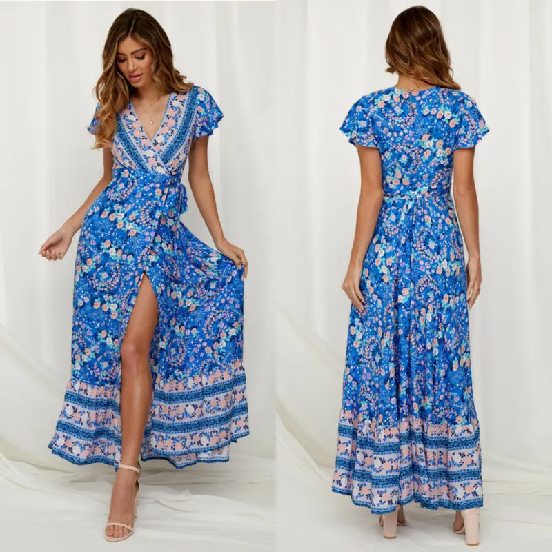 

2020 Womens V-Neck Boho Floral Wrap Long Dress Holiday Sundress Beach Vacation Party