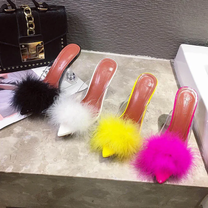 

KAMUCC Summer Woman Pumps PVC Transparent Feather Perspex Crystal High Heels Fur Peep Toe Mules Sandals Ladies Slides Shoes