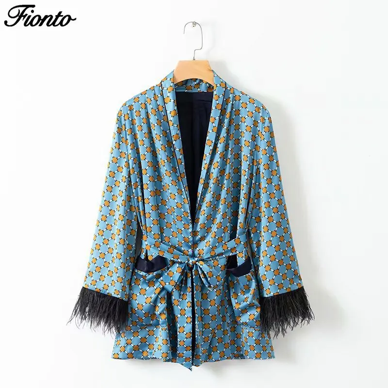 Женское свободное кимоно FIONTO осеннее пальто-кимоно оверсайз с карманами поясом и