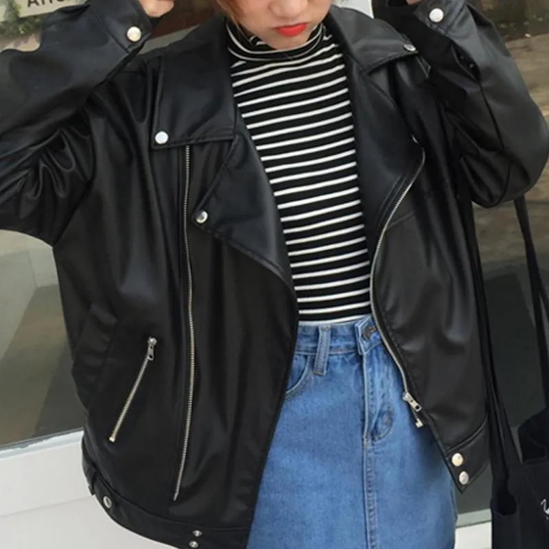 

2018 New Streetwear Loose Casual Turn-down Collar Zipper Leather Spring Autumn Women Short Motorcycle Detachable Pu Long Jackets