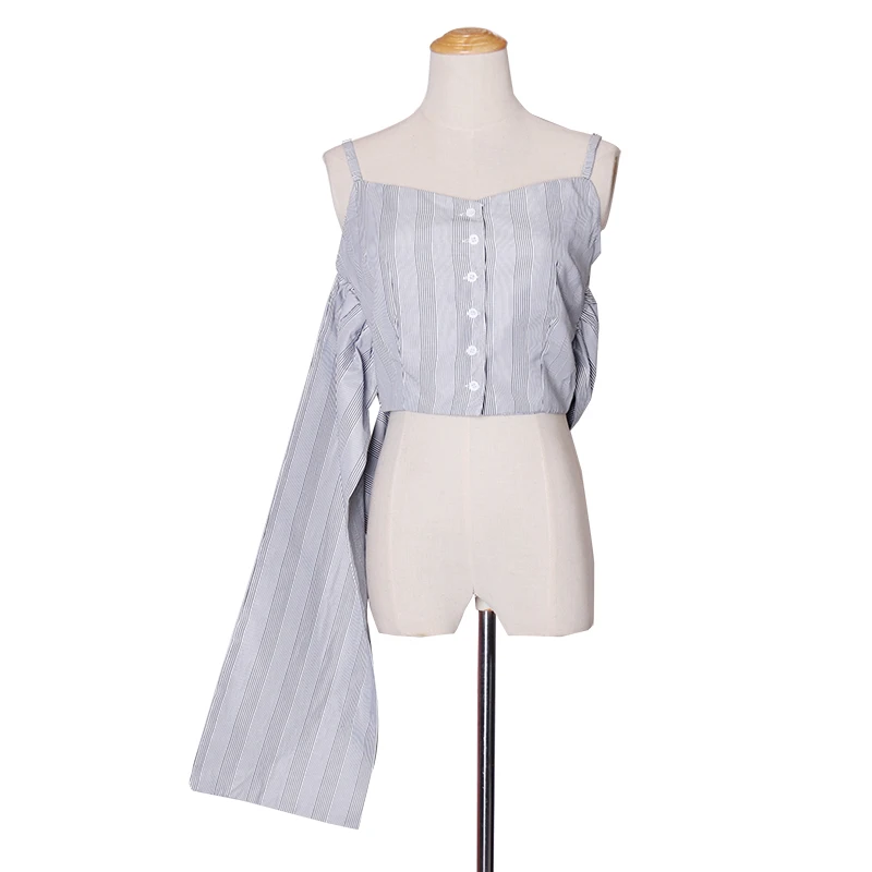 TWOTWINSTYLE, корейский короткий топ, рубашка для женщин, косой воротник, без рукавов, с открытыми плечами, бант, полосатая блузка, женская мода, Новинка лета