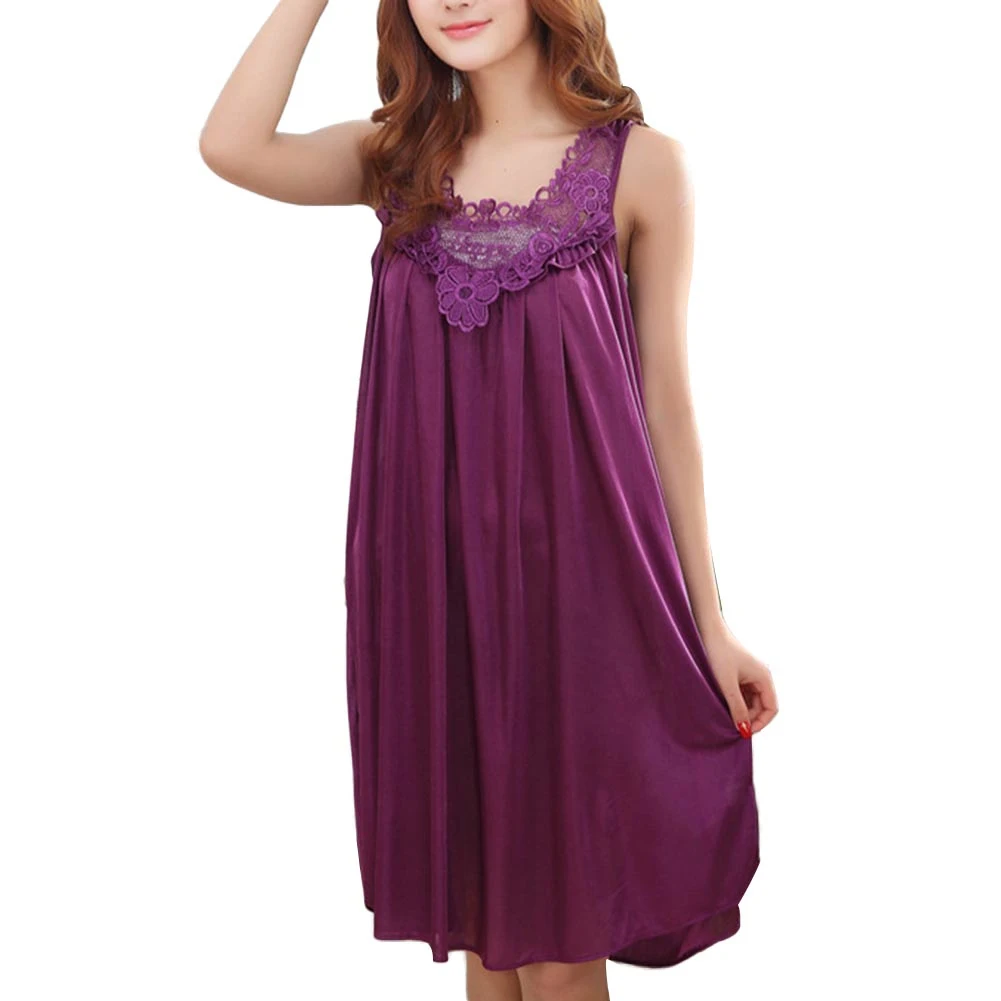 

Women's Sleepshirts Summer Ice Silk Round Neck Solid Lace Patchwork Sleeveless Sleepwear Nightdress Nightgown 5 Colors