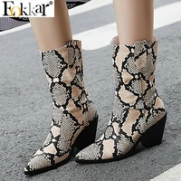 eokkar 2020 snake print women mid calf boots zipper pointed tow western boots square high heel winter ladies boots size 34 43