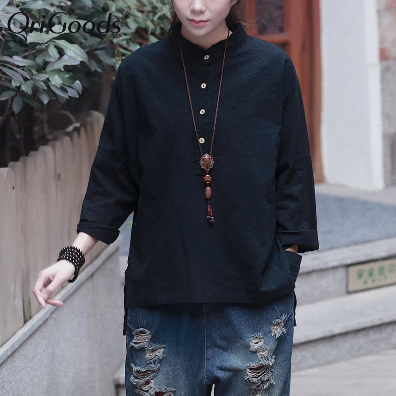 OriGoods Long sleeve Blouse Women Plus size Shirt Chinese style Vintage Loose Solid Novelty Original C094 | Женская одежда