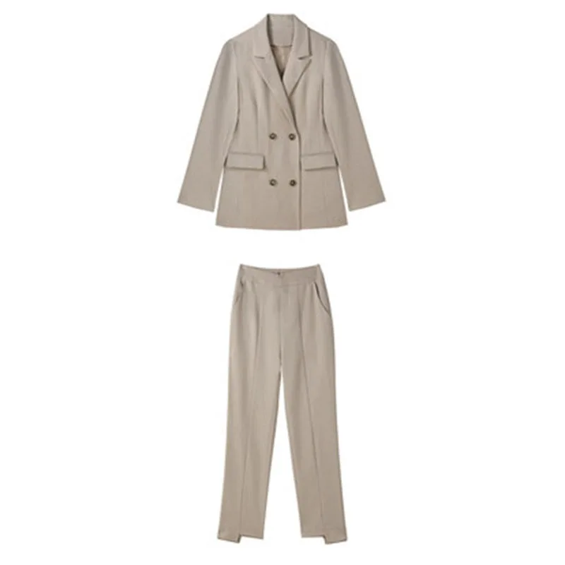 

2021AutumnWomen's Office Suit Fashion Blazer Pantsuit Simple Solid Color Suit Collar Long Sleeve + Trousers 2 Piece Set Blazer