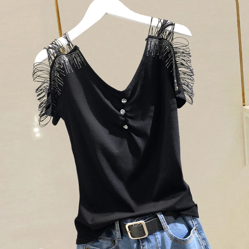 Футболка женская с V-образным вырезом пикантная белая блестящая Облегающая