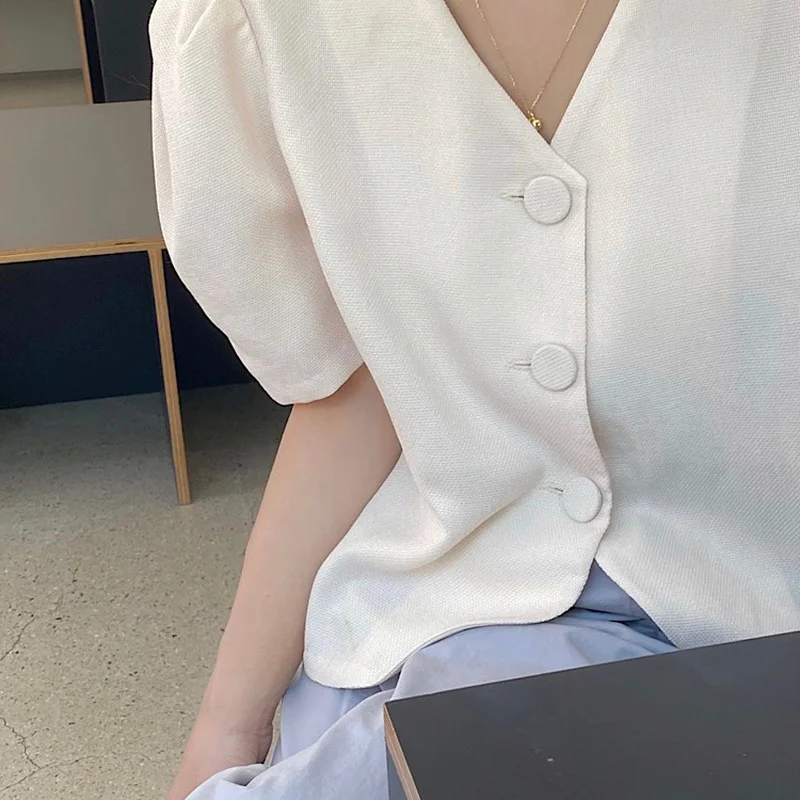 

Chic Short Blouse Coat Causal Korean Puff Sleeve V-neck Shirt 2021 Spring Summer Single Breasted Women Top Blusa Dropshipping