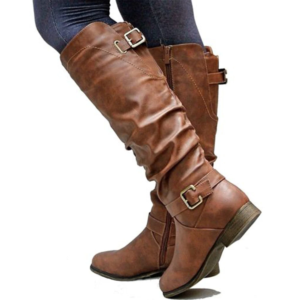 Женские Кожаные ботфорты на молнии готические до середины икры низком каблуке