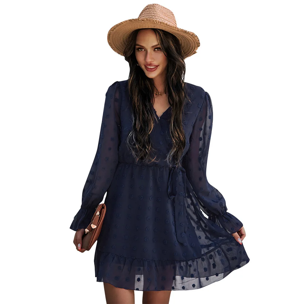 

Spring Women Dress Sexy V-neck Chiffon Mini Dress A-line Long-sleeve Turtlenck Fashion Dress Bandage Mini Dresses Vestidos