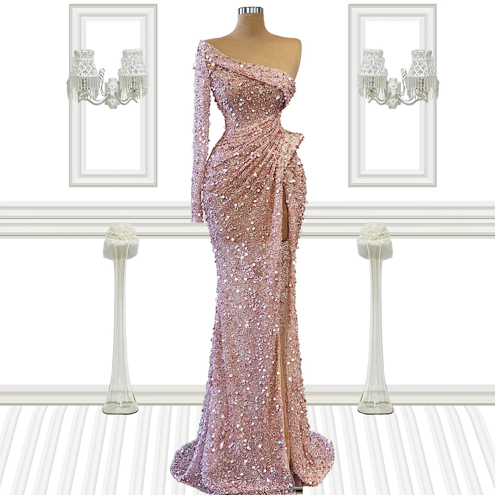 

Платье для выпускного вечера с блестками и высоким разрезом