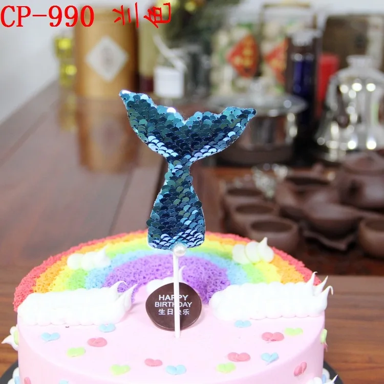 Ynaayu Mermaid Birthday Cake Topper Creative Shine Sequins Tail Insert Decoration Cupcake Flag For Party Supply | Дом и сад