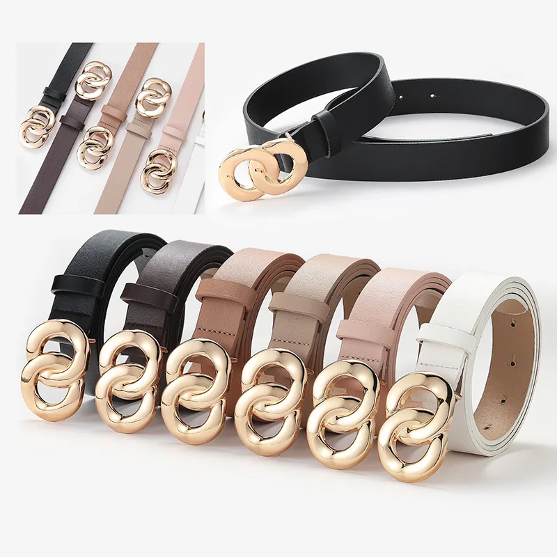 Fashion Women Leather Belt Big Double Ring Circle Metal Buckle Wild Decorative Waistband Ladies Straps Belts Leisure Dress Jeans