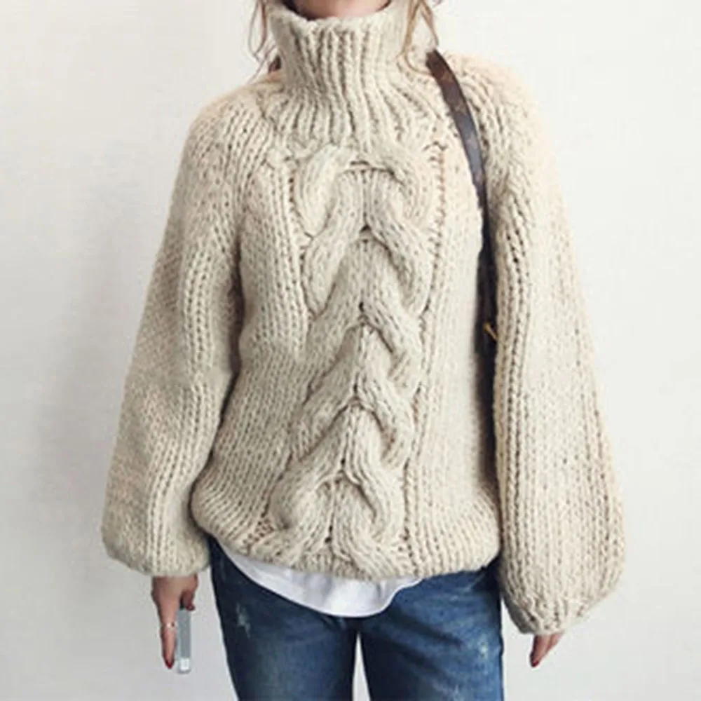 Женский Теплый свитер-водолазка толстый трикотажный пуловер в рубчик зима-осень