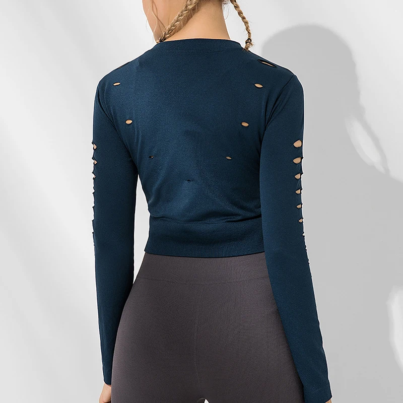 Кроп топы для йоги ажурные Рубашки Топы с длинным рукавом тренировок фитнеса