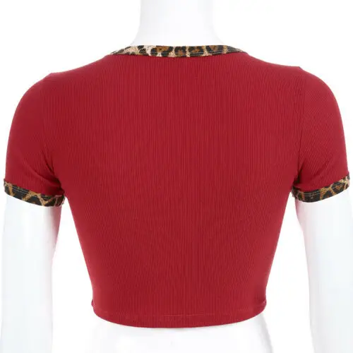 Sumemr T-shirts 2020 New Summer Women Red Short Sleeve O-Neck Leopard Print Heart Skinny T-shirt | Женская одежда