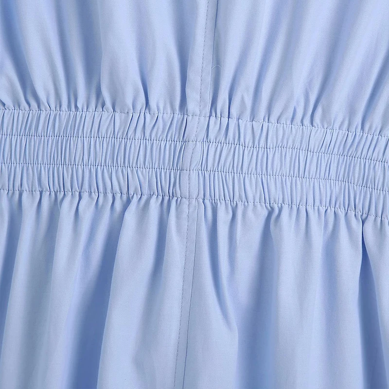 

WXWT Za Fashion Women Summer Light Blue Playsuit Short Sleeve Elastic Waist Pocket Decorate Female Casual Playsuit OYK2552