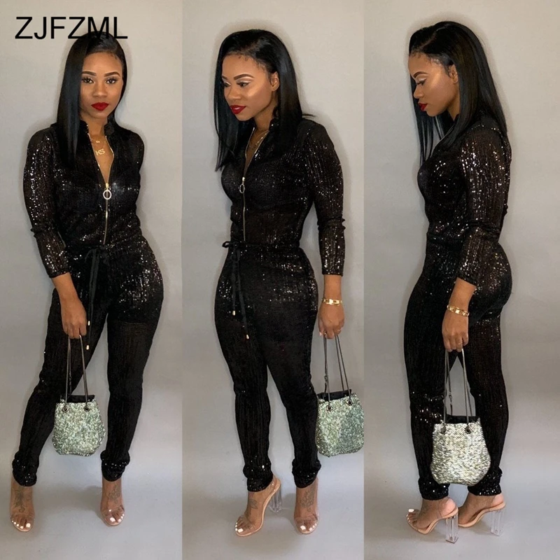 Женский комбинезон с длинным рукавом Bronzing черный цельный воротником стойкой