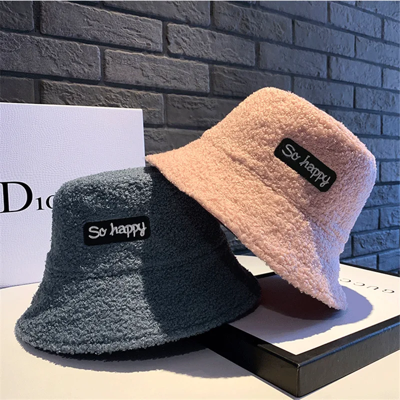 

autumn winter down cotton warm fisherman hat female lamb plush basin hat Korean silk cotton Double-sided bucket hat for women