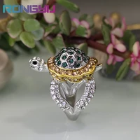 grandmother green turtle ring electroplating two color love metal ring micro inlaid brown diamond ring lovely jewelry for lovers
