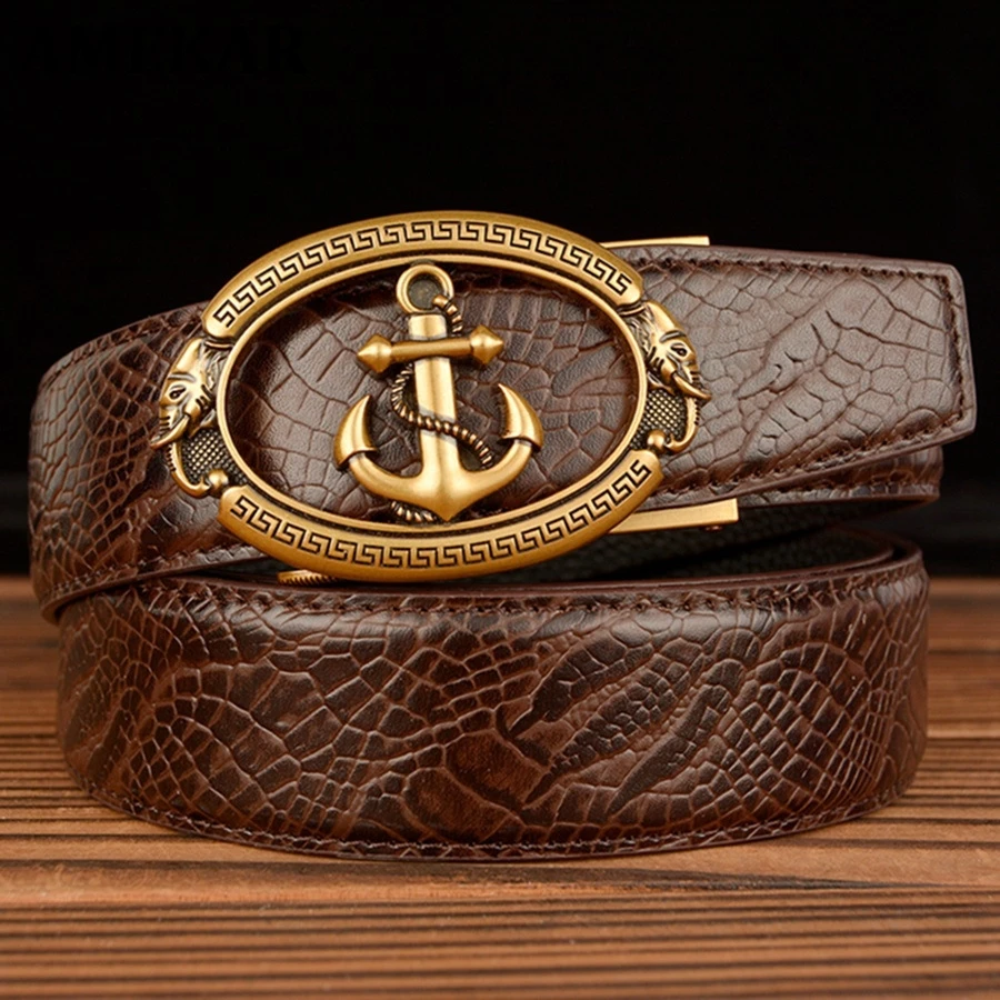 

Designer Belts for Men's Trending Anchor Automatic Buckle Waist Belt Cowskin Genuine Leather for Jeans