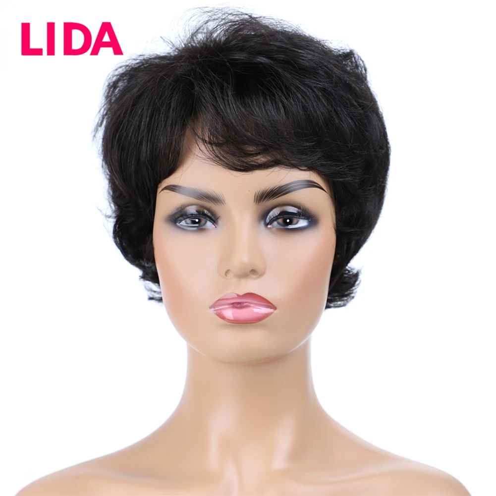 LIDA короткие парики из человеческих волос 120% Дестини натуральные волнистые человеческие волосы парики 6435 Remy бразильские человеческие волосы " машинные парики