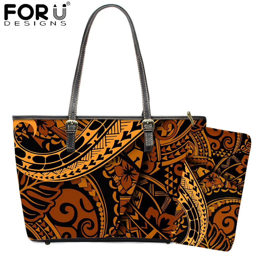 

FORUDESIGNS Women Leather Handbags Ethic Style Polynesian Hibiscus Printing Brand Design Bags Girls Shoulder Bag 2Pcs Tote Bolsa