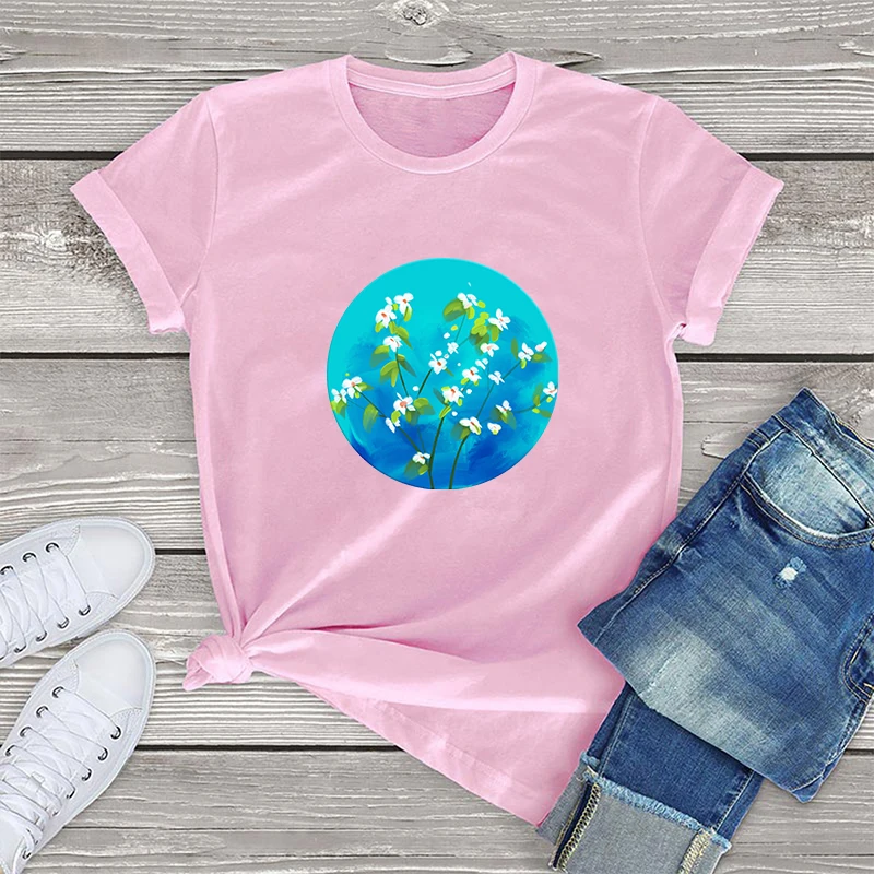 Футболка женская графическая с коротким рукавом и принтом в виде цветов на