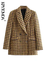 kpytomoa women fashion tweed double breasted tweed blazer coat vintage long sleeve patch pockets female outerwear chic veste