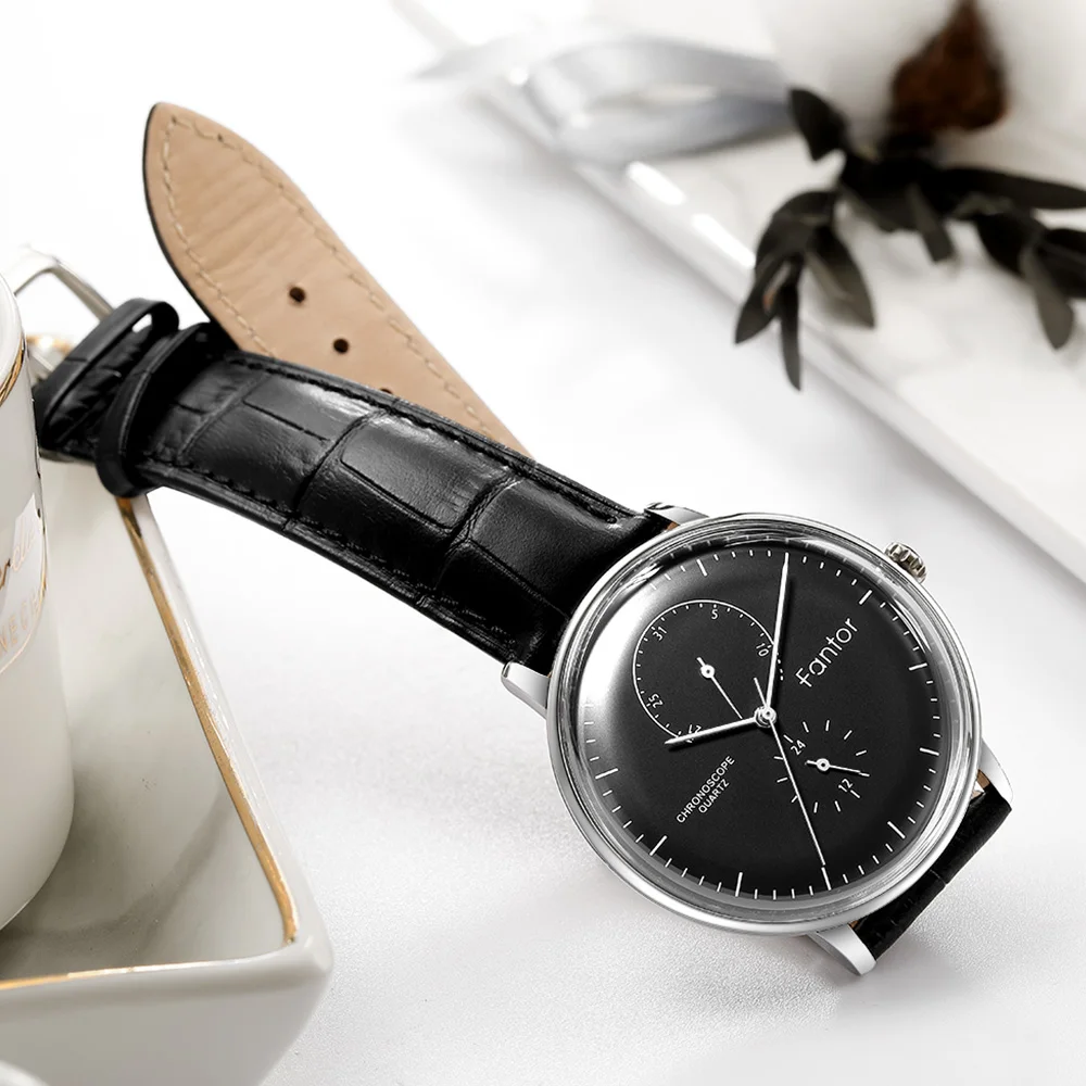 Мужские роскошные кожаные часы Fantor Брендовые повседневные деловые с хронографом