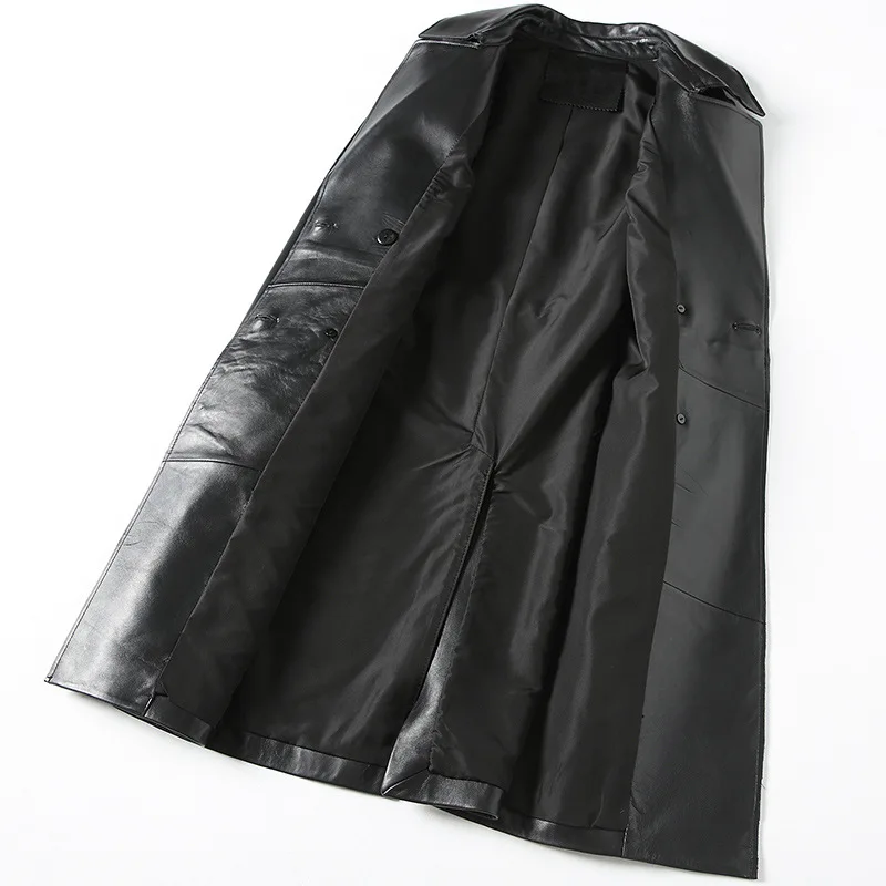 Long Slim Turn-down Collar Black Sheepskin Genuine Leather Autumn Spring Women Classic Leather Coat with Sashes Pockets