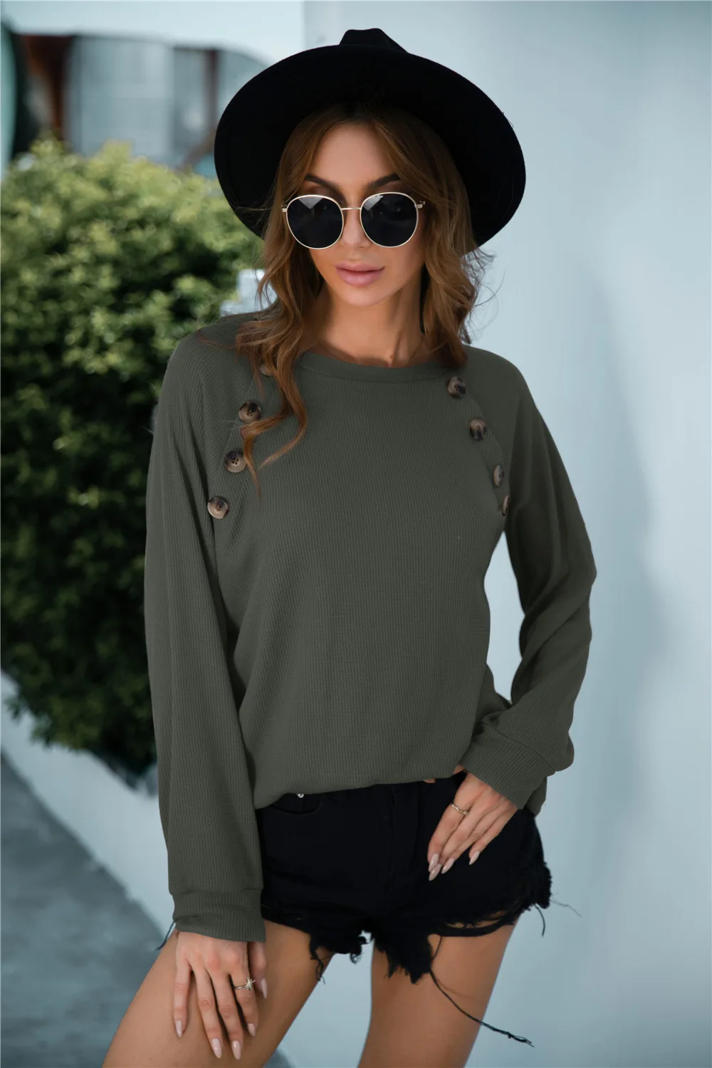 

2021 Women Tops Long Sleeve with Decorated Buttons Slim Fit Elegant Blouse Spring Autumn Knitted Hem Fashion Office Blouses