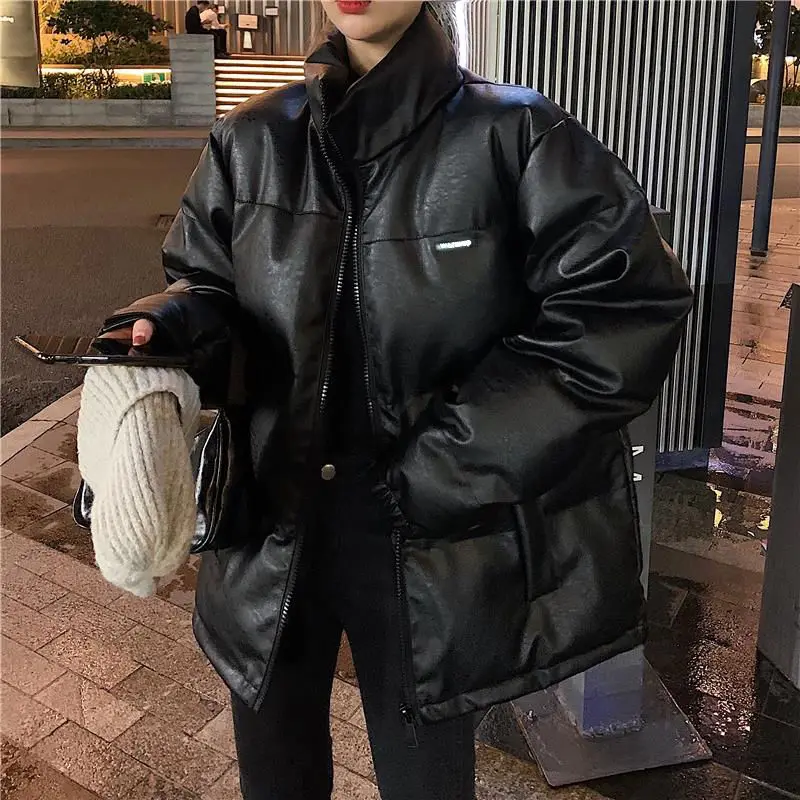 Winter Korean Version of The 2021 New Jacket Shiny PU Leather Loose Thick Cotton Jacket Cotton Jacket Female Ins Tide
