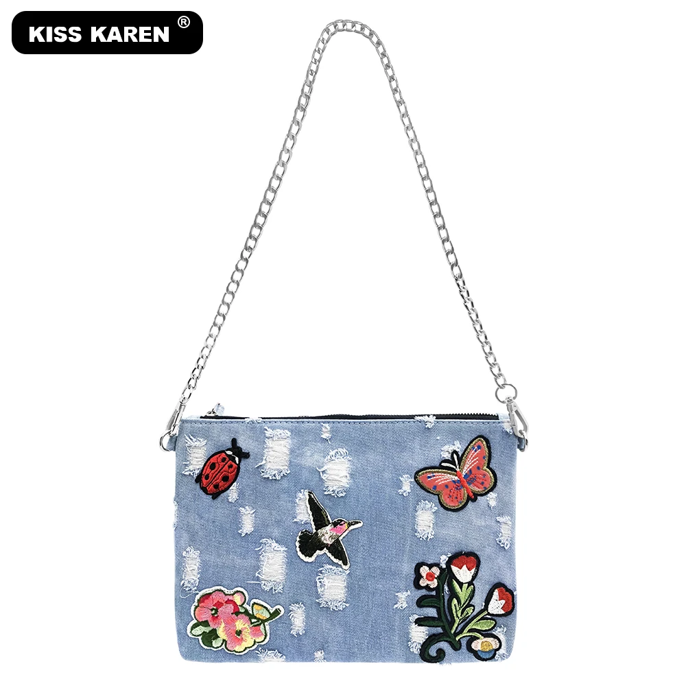 KISS KAREN/Повседневная Модная Джинсовая сумочка с вышивкой; женские сумки на плечо; джинсовая сумка с шипами; женские сумки-мессенджеры; женские сумки