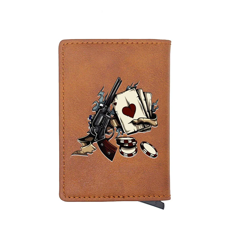 

Classic Poker Gun Design Digital Printing Leather Card Holder Wallet RFID Blocking High Quality Men Women Short Purse