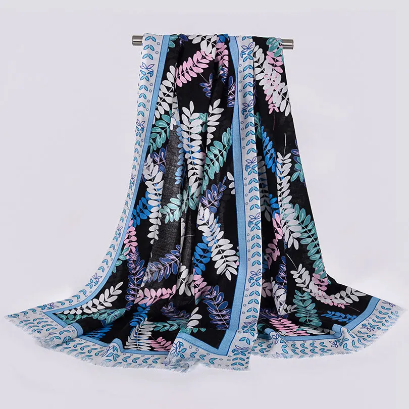 Шарфы из чистой шерсти, дизайн размера плюс, шерстяной шарф, модный элегантный брендовый женский шарф из пашмины, подходит ко всему, теплый зимний шарф, шаль - Цвет: black blue leaves