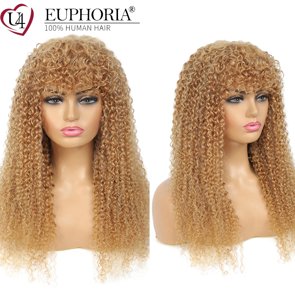 

Brazilian 9A Remy Human Hair Full Machine Jerry Curl Ombre Wigs Blonde 27 Kinky Curly Hair Wigs With Bangs 6-24Inch 150%EUPHORIA