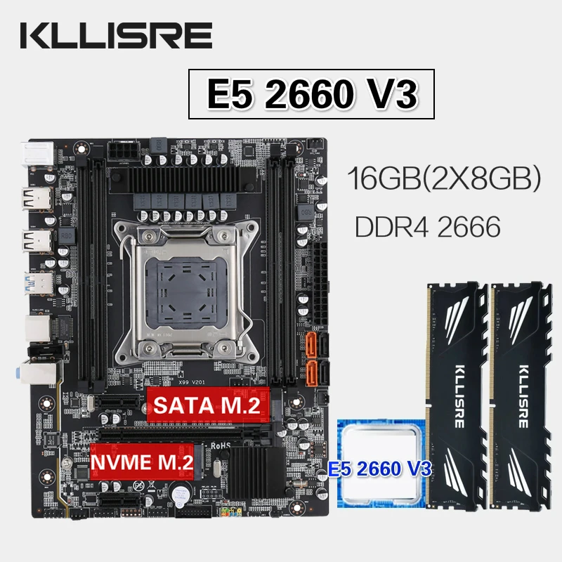 Kllisre X99 M G набор материнских плат Xeon E5 2660 V3 LGA2011 3 процессор 2шт X 8 ГБ = 16 Гб 2666 МГц DDR4