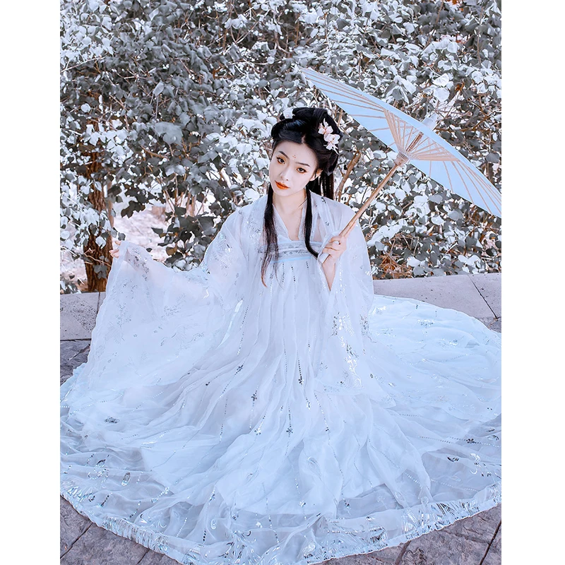 

Новинка, Китайская древняя одежда, сказочное платье для косплея Hanfu для женщин, винтажный костюм Тан, платье принцессы для девочек, белое Пов...