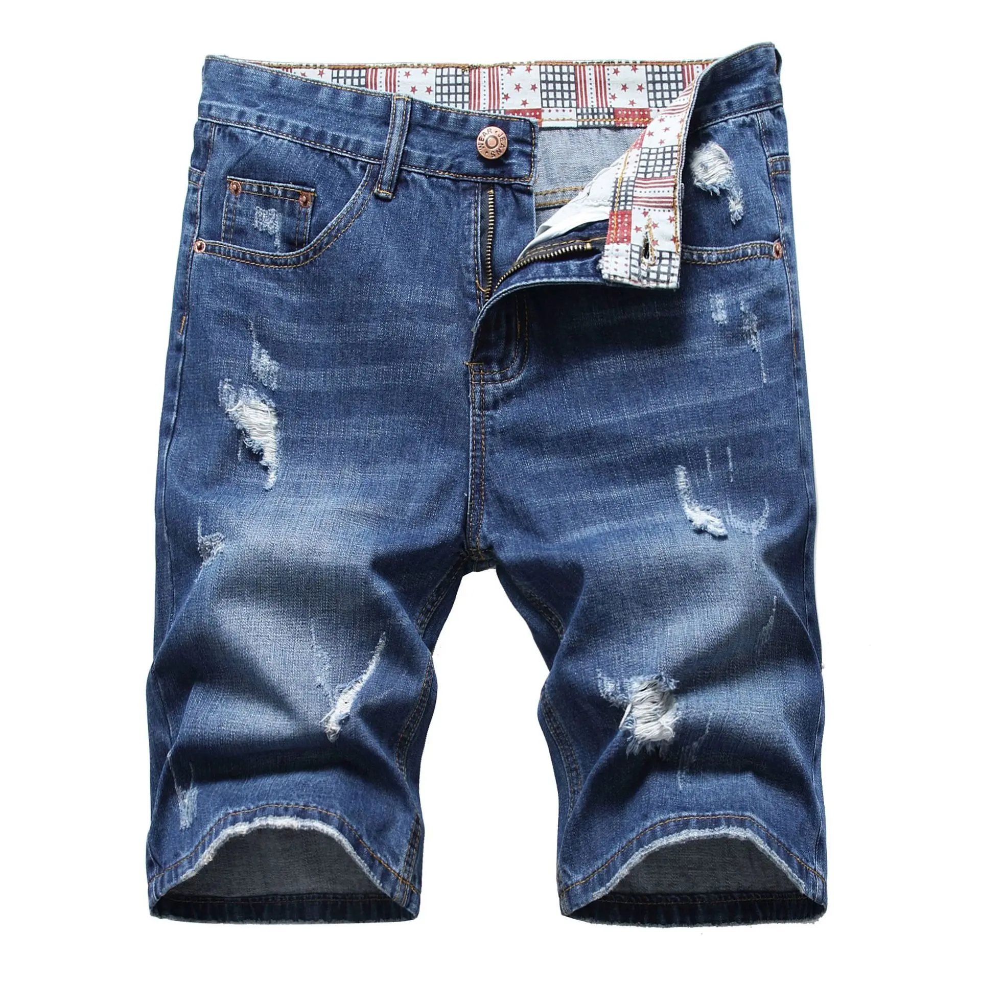 

Men Summer Hole Ripped Denim Short Casual Knee Length Distressed Jean Breeches Ripped Jean Men Stacked Jean Pantalon Moto Homme