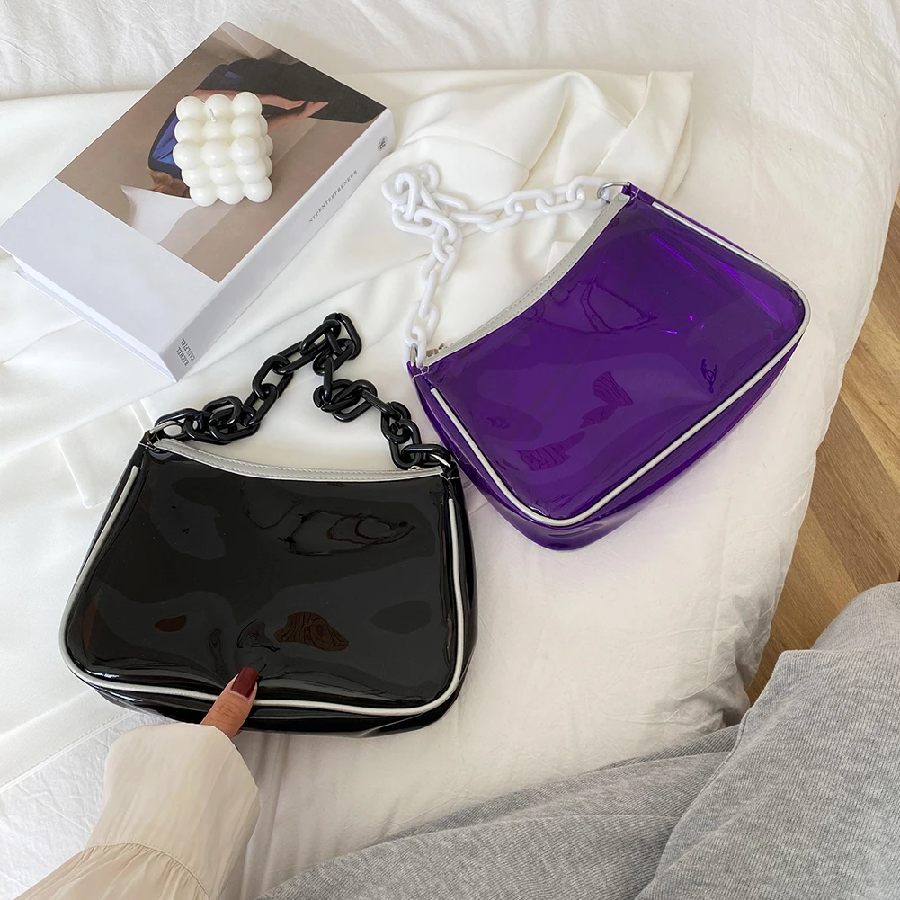 

Summer Fashion PVC Transparent Women Underarm Shoulder Bags Solid Color Casual Thick Chain Handbags Ladies Simple Shoulder Bags